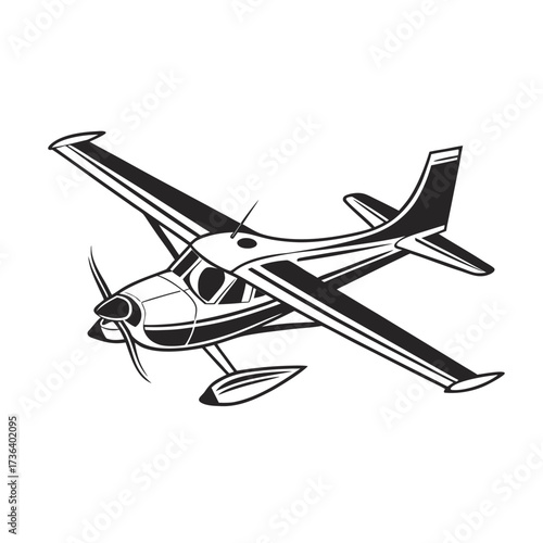 Classic single-engine propeller airplane with high wings, a black and white vector line art icon illustration isolated on a white background