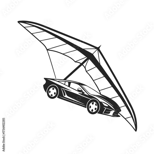 Futuristic hover car blending hang gliding aesthetics, black silhouette icon, concept design on white