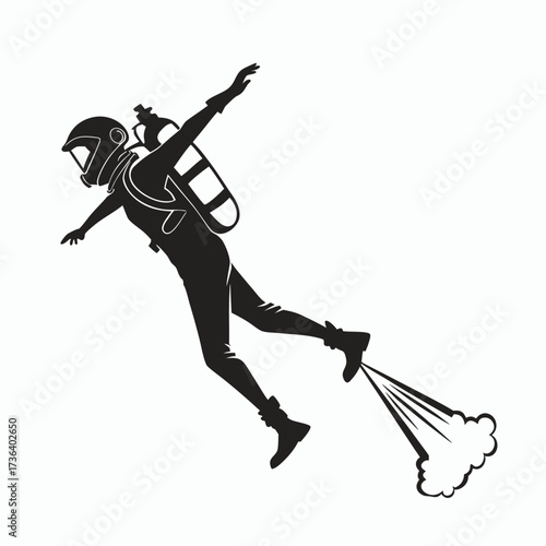Simple black silhouette icon of a person flying with a futuristic jetpack. Isolated vector graphic for personal transportation and technology concepts