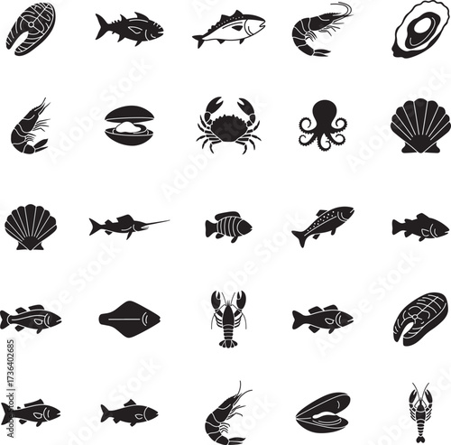 Seafood and Fishery Silhouette Icon Collection