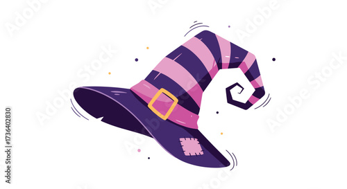 A whimsical witch hat with purple and pink stripes and a buckle.