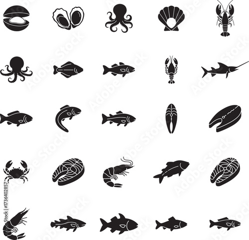 Ocean Seafood and Fishery Silhouette Icon Collection