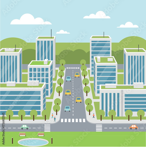 Art & Illustration
Modern cityscape with tall buildings, cars on the street, and green trees under blue sky.