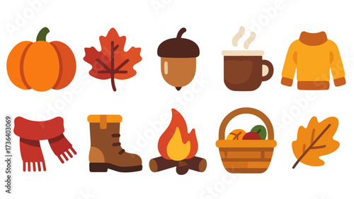 Autumn Essentials Icon Grid — Pumpkin, Leaf, Acorn, Coffee, Sweater & More
