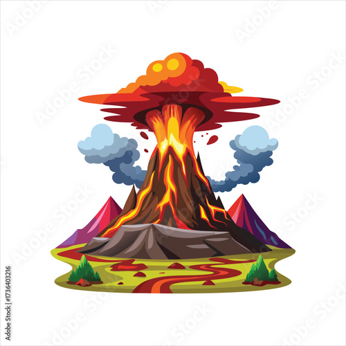 Dramatic volcanic eruption with lava flow and ash cloud