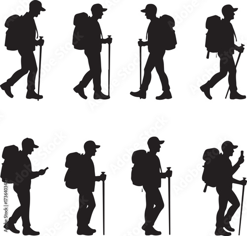 Silhouette hikers with backpacks and trekking poles 1