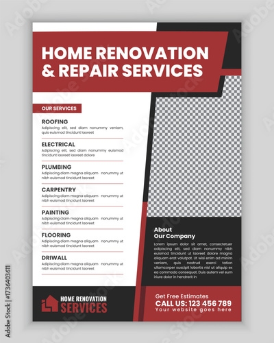 Home renovation and repair services flyer and poster design template for remodeling, carpentry, plumbing, electrician, flooring, painting, roofing, and maintenance advertisement layout