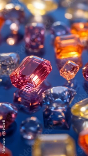An array of faceted gems in hues of red, orange, and blue on a reflective surface