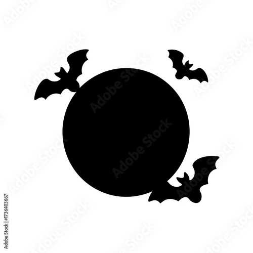 A Silhouette Illustration of Bats Flying Around a Large Black Moon