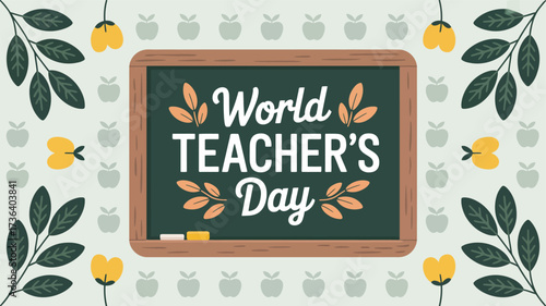 Decorative World Teachers' Day chalkboard illustration with leafy accents, apples, and stylized text celebrating educators and learning