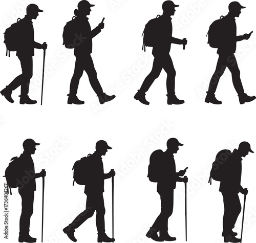 Silhouette hikers walking with backpacks and trekking poles