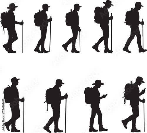 Silhouette hikers walking with backpacks and trekking poles