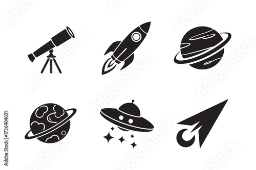 Retro space icons featuring rockets planets and a telescope