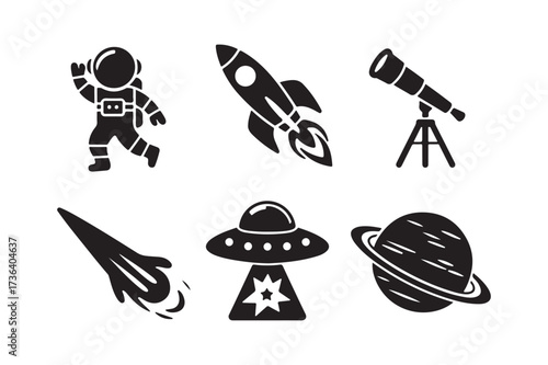 Black and white space icons featuring astronaut rocket ufo and planet