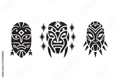 Three stylized tribal masks in black and white