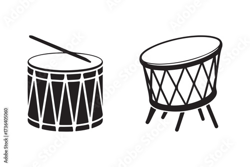 Two hand drawn drums with drumstick and stand