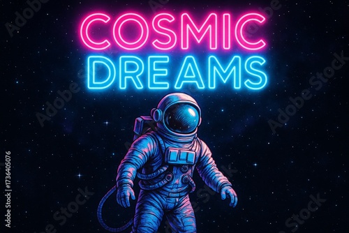Neon sign with a man in a spacesuit and the words Cosmic Dreams. The image is of a man in a spacesuit standing in the dark with a bright light shining on him