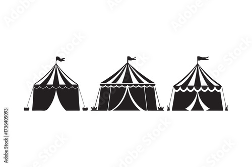 Three striped circus tents with flags