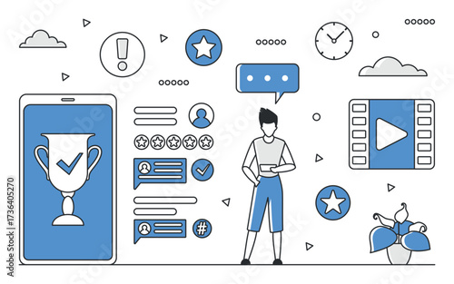 Digital marketing concept showing video ranking, social media engagement, and user feedback with blue monocolor icons and a person using a mobile device vector illustration