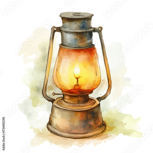 watercolor vector of Oil Lamp, isolated on a white background.