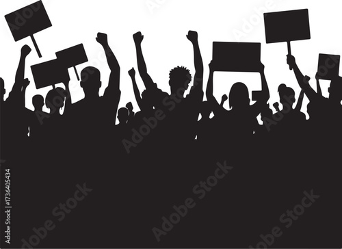 Silhouette crowd with raised fists and protest signs