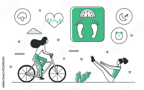 Active lifestyle, balanced diet, exercise, and sleep habits for effective weight control shown in a modern green monocolor design, isolated on white background vector illustration