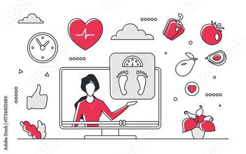 Digital weight loss coaching concept with healthy food, heart, scale, and fitness icons in red monocolor style, isolated on white background vector illustration