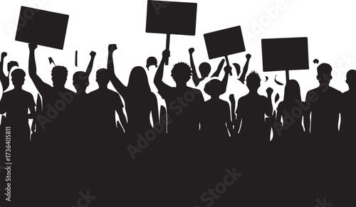 Silhouette crowd protesting with signs and raised fists