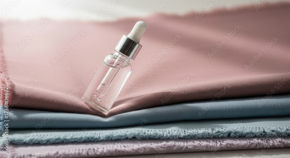 Naklejka premium Luxury skincare serum dropper bottle resting on soft silky fabric layers soft focus