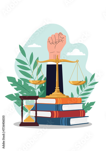 Justice fairness and equality under the law with legal documents and scales of justice.