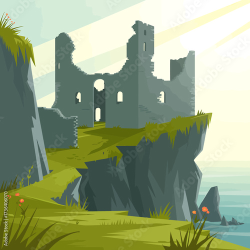 Vector art of ruined castle on a cliff overlooking the sea on a sunny day illustration