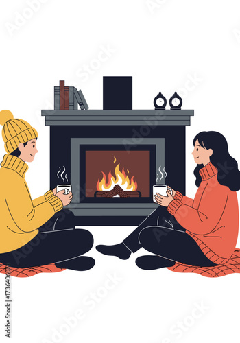 Two people enjoying warm drinks by the fireplace.