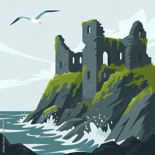 Vector art of ruined castle on a cliff overlooking the sea with a seagull illustration