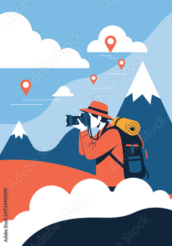 A photographer captures the beauty of mountain landscapes with a backpack and maps.