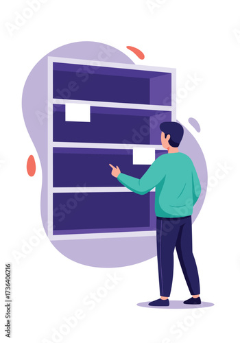 A man examines items placed on the shelves of a tall storage unit.