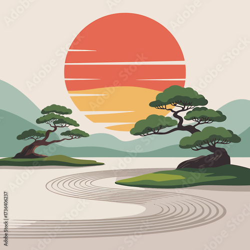 Vector art of zen garden with bonsai tree and raked gravel
