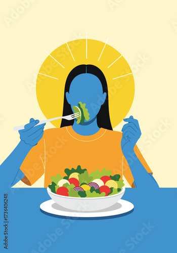 A person eating a healthy salad with a fork under a bright yellow halo.