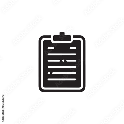 Simple black and white document  glyph illustration of a clipboard with lines.