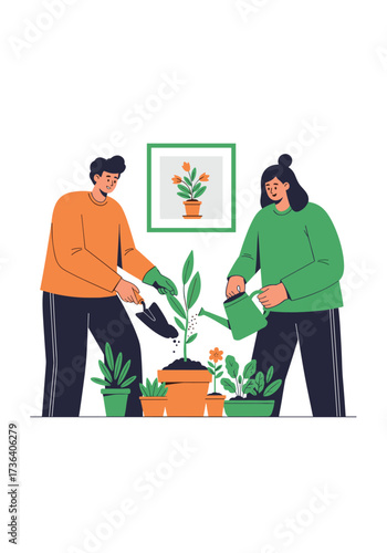 A couple tends to potted plants in an indoor garden.