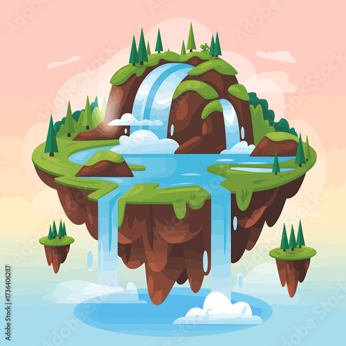 Vector art of fantasy floating island with waterfall, trees, and clouds in a colorful sky