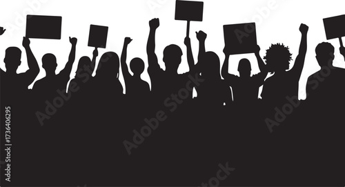 Silhouette crowd protesting with signs and raised fists
