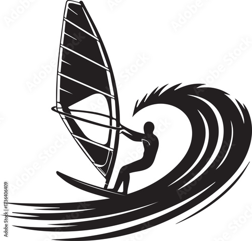 Sleek Black Vector Icon Illustration of a Windsurfer Riding a Wave