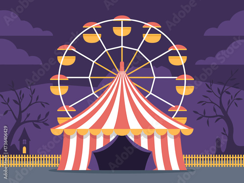 Vector art of ferris wheel and striped tent in amusement park at night illustration