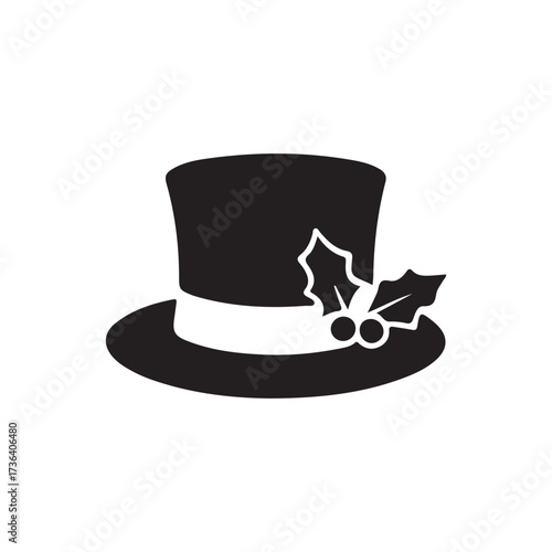 A simple black silhouette of a top hat with holly decoration.