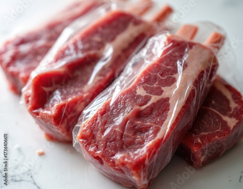 Raw beef steaks wrapped in transparent plastic packaging on white marble surface. Fresh red meat cuts are sealed vacuum packed. Multiple steaks stacked together in clear plastic bags.