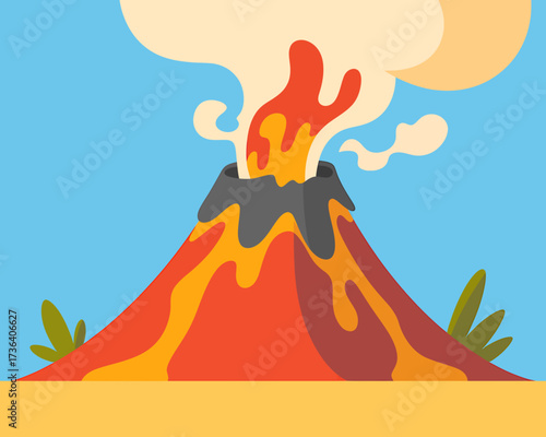 Vector art of cartoon volcano erupting with lava, smoke, and ash against a blue sky backdrop