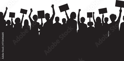 Silhouette crowd protesting with signs and raised fists