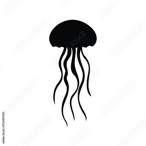 Monochrome jellyfish art with graceful tentacles reaching downwards on a white background