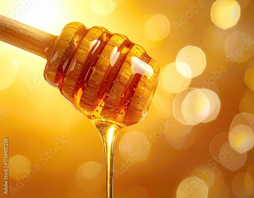 Golden Honey Dripping from Wooden Dipper with Bokeh Background