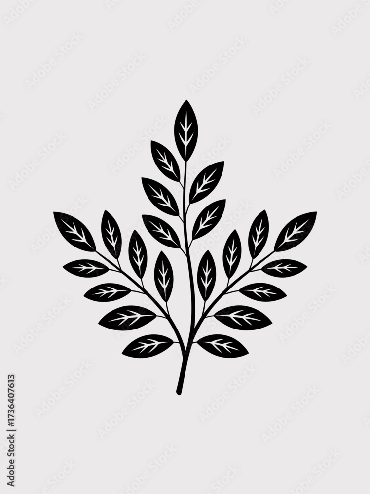 Fototapeta premium Elegant Black and White Botanical Illustration of Leafy Branch for Decorative Design and Natural Aesthetics in Prints and Patterns